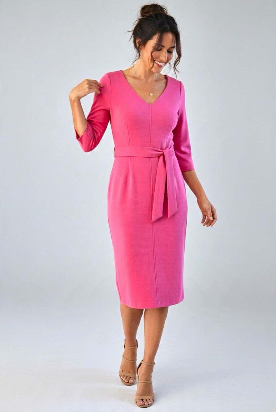 Boden Women's Margie Ottoman Pink V-Neck 3/4 Sleeve Belted Dress Size 10 Vibrant